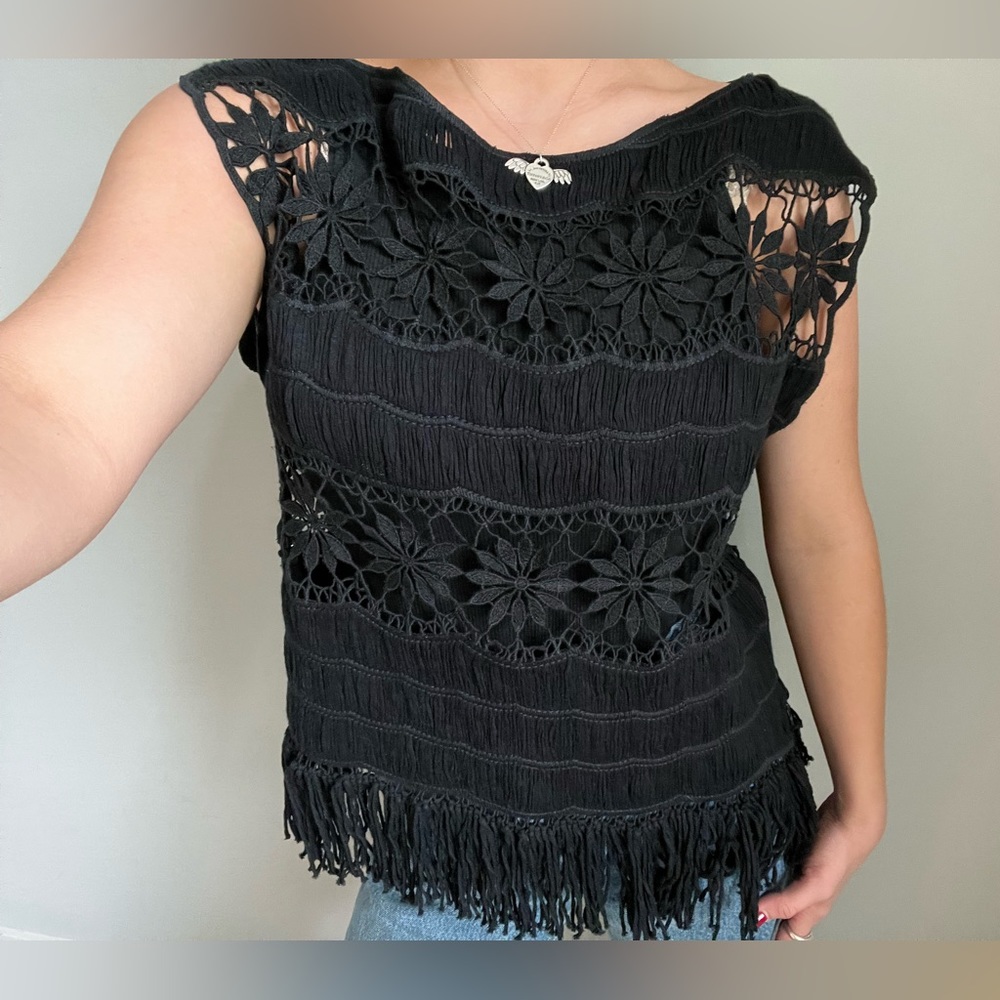 Alice and Olivia crochet tank top with fringe size medium